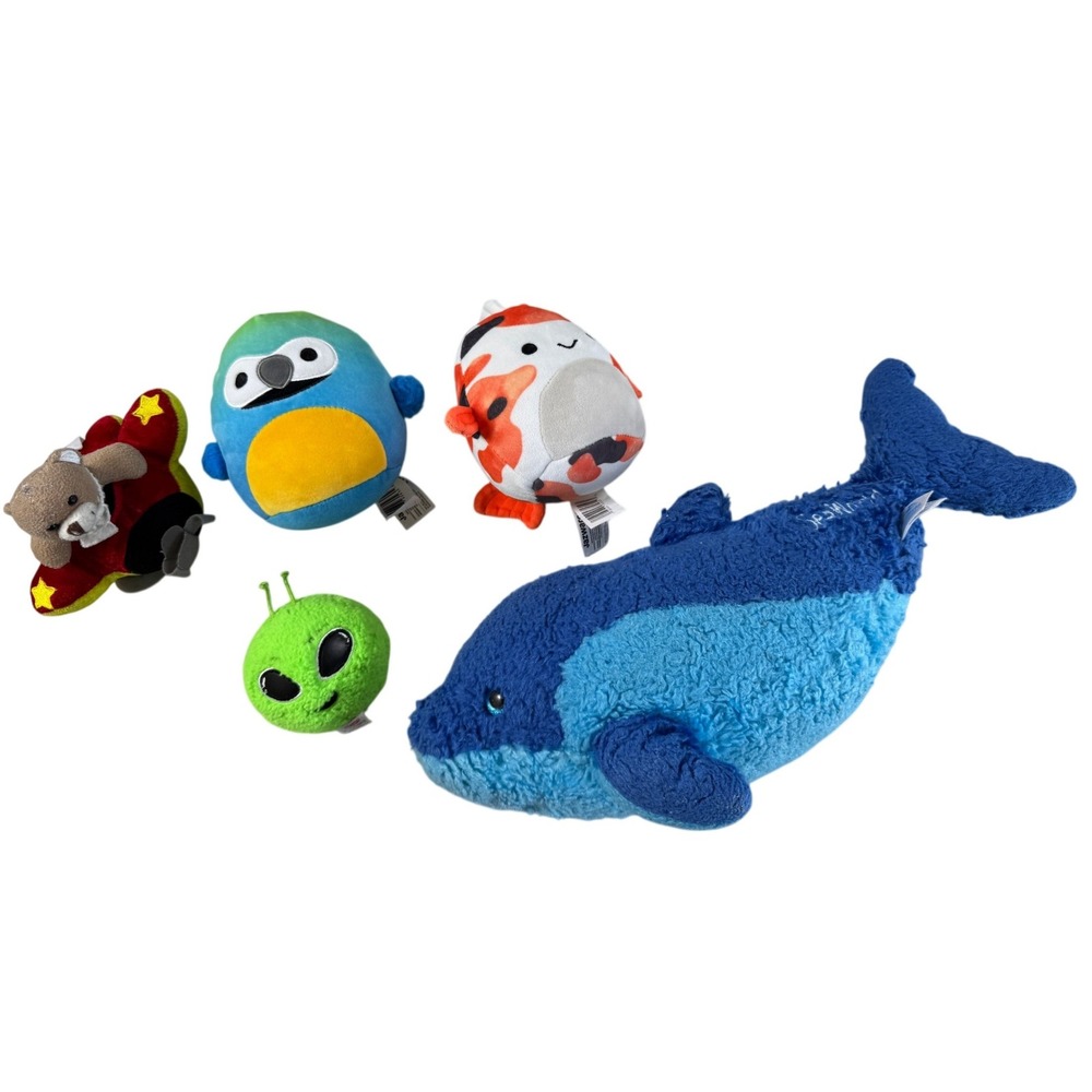 Plush‎ Toy Lot 5pc SeaWorld Dolphin Squishmallows Koi Fish Alien Pilot Bear Bird